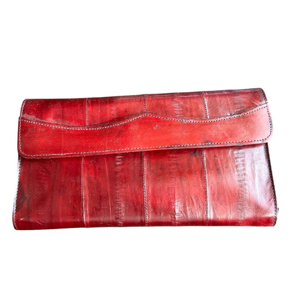 Vintage Genuine Eel Skin Deep Red Leather Handbag And Wallet 80s 90's